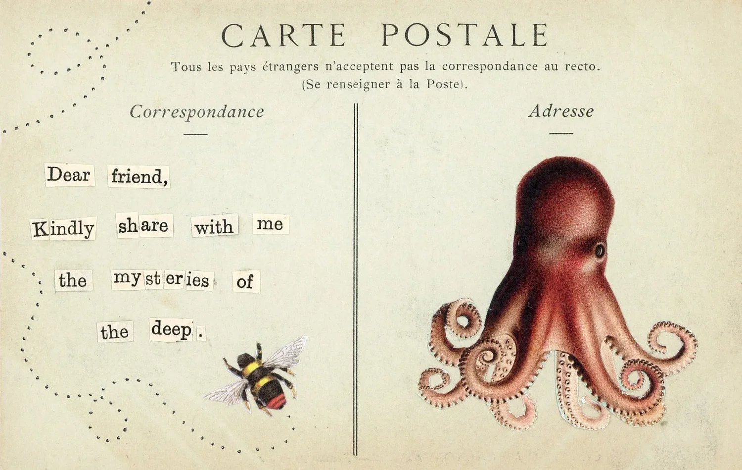 Vintage postcard featuring a bee and an octopus illustration, with text in French and English about sharing mysteries of the deep.