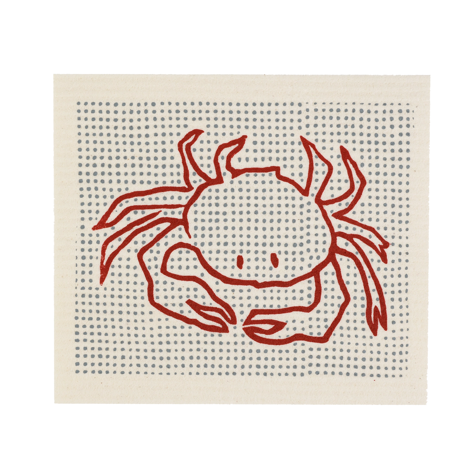 Swedish dishcloth with a line drawing of a crab with large claws on dotted background.
