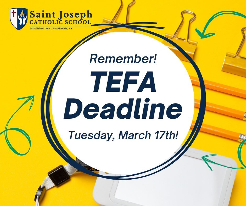 Reminder for our school families: the TEFA application deadline is approaching! ⏰

Texas Education Foundation Assistance (TEFA) provides tuition assistance for families seeking a Catholic education for their children at Saint Joseph Catholic School. 