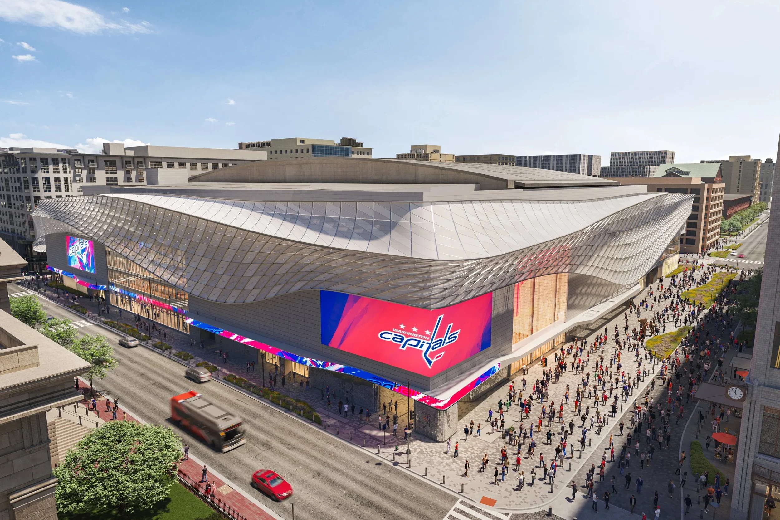 Digital rendering of the new Washington Capitals arena with a wavy, modern exterior and large digital screens.