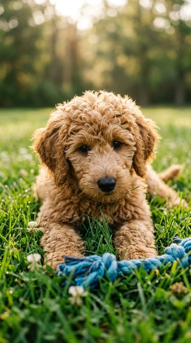 A cute, curly-haired puppy lying on green grass with a blue rope toy, surrounded by sunlight and trees in the background.