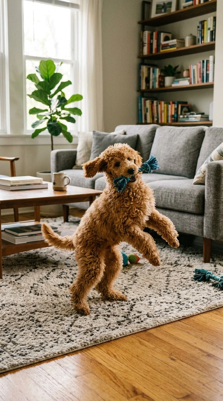 A playful curly-coated dog bouncing on a living room rug with a toy in its mouth, in front of a gray sofa, wooden coffee table, window with white curtains, and a bookshelf filled with books and plants.