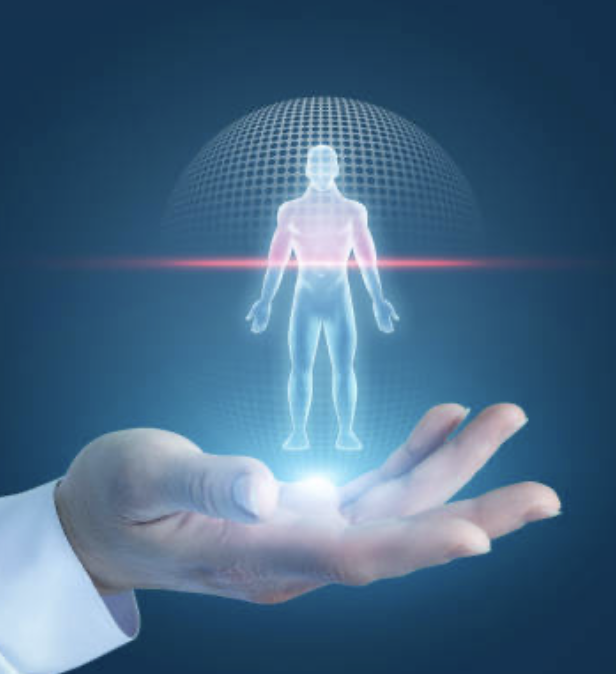 A digital illustration of a human figure with a glowing aura, hovering above an outstretched hand, with a futuristic grid sphere in the background.