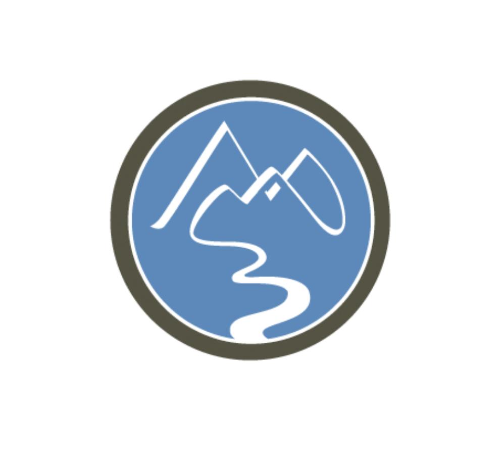 Barret Hospital's logo of a blue circle with white mountain and river outline, surrounded by a black ring.