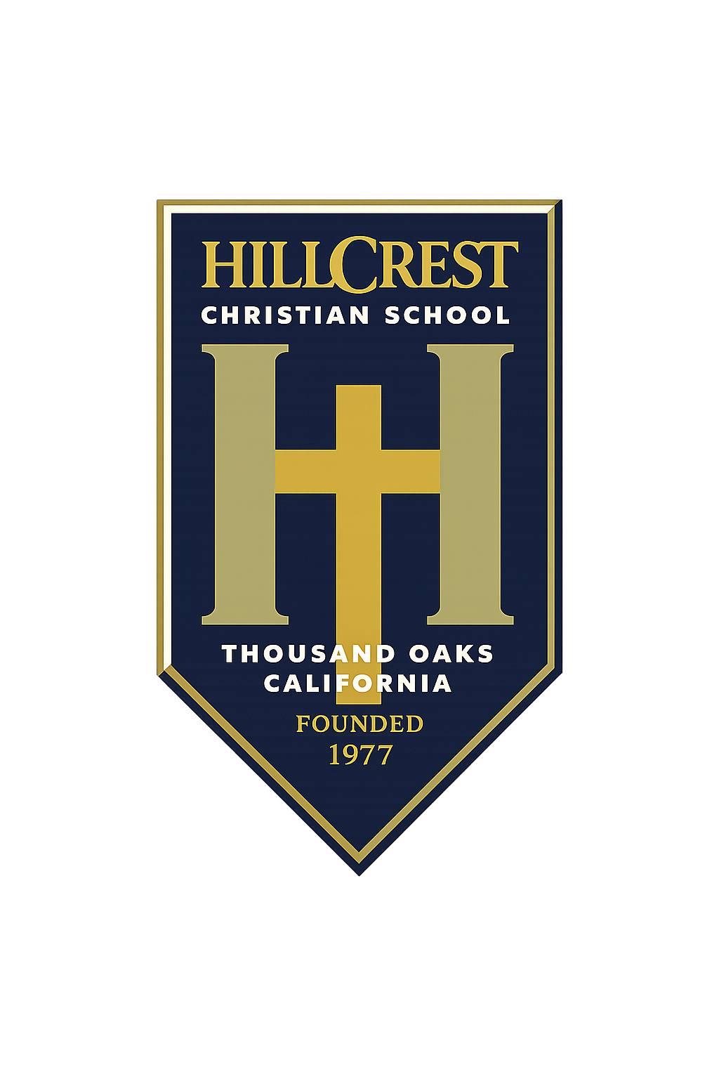 Embroidered school banner for Hillcrest Christian School in Thousand Oaks, California, featuring a large gold cross and the school's founding year, 1977.