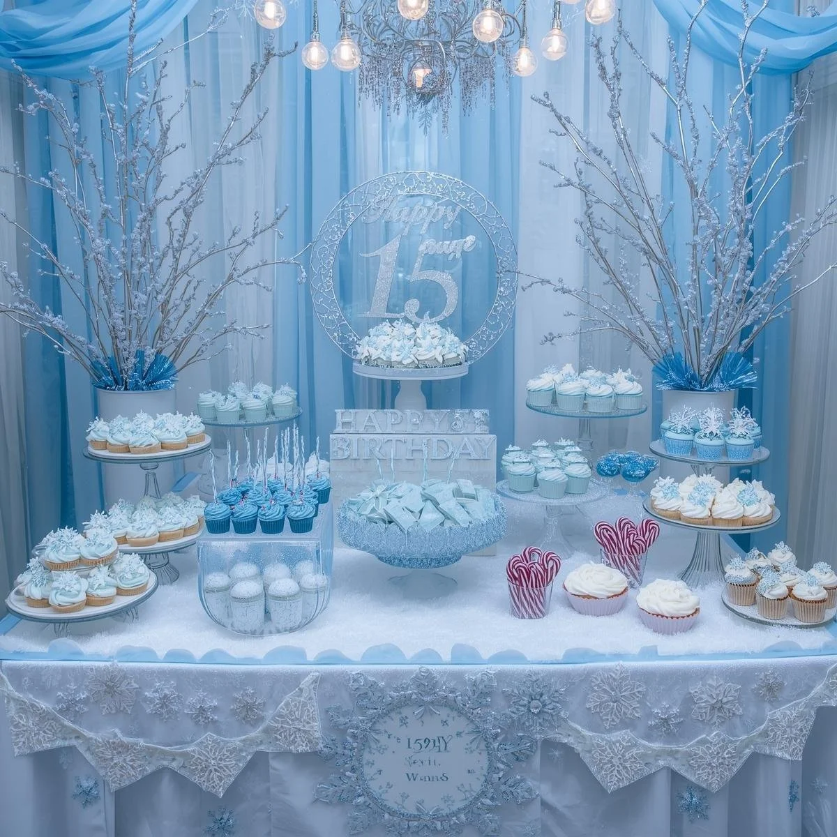 A quinceanera frozen themed treat table