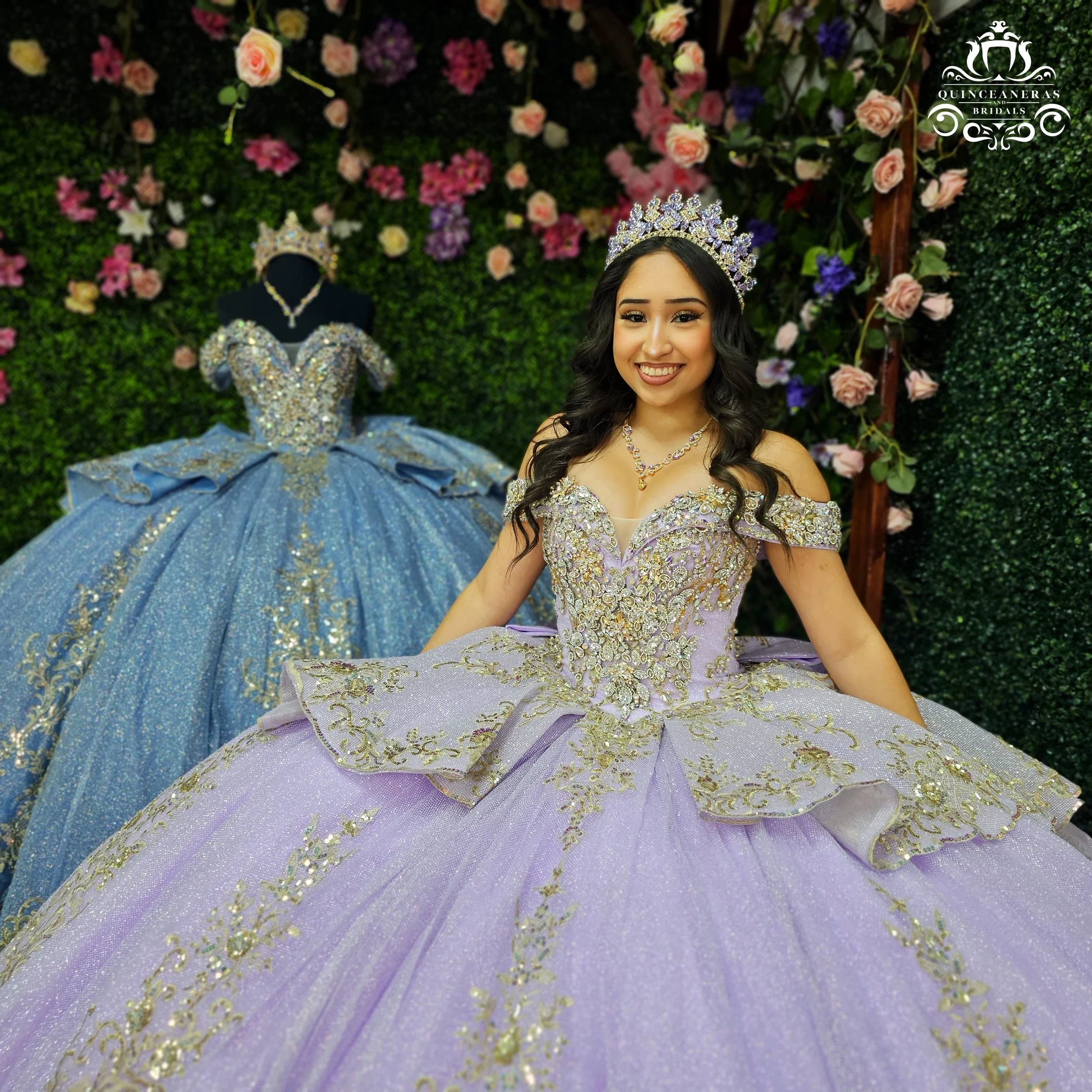 A girl modeling a lilac purple quince dress with beautiful gold embellishments. She looks like a latina Rapunzel.
