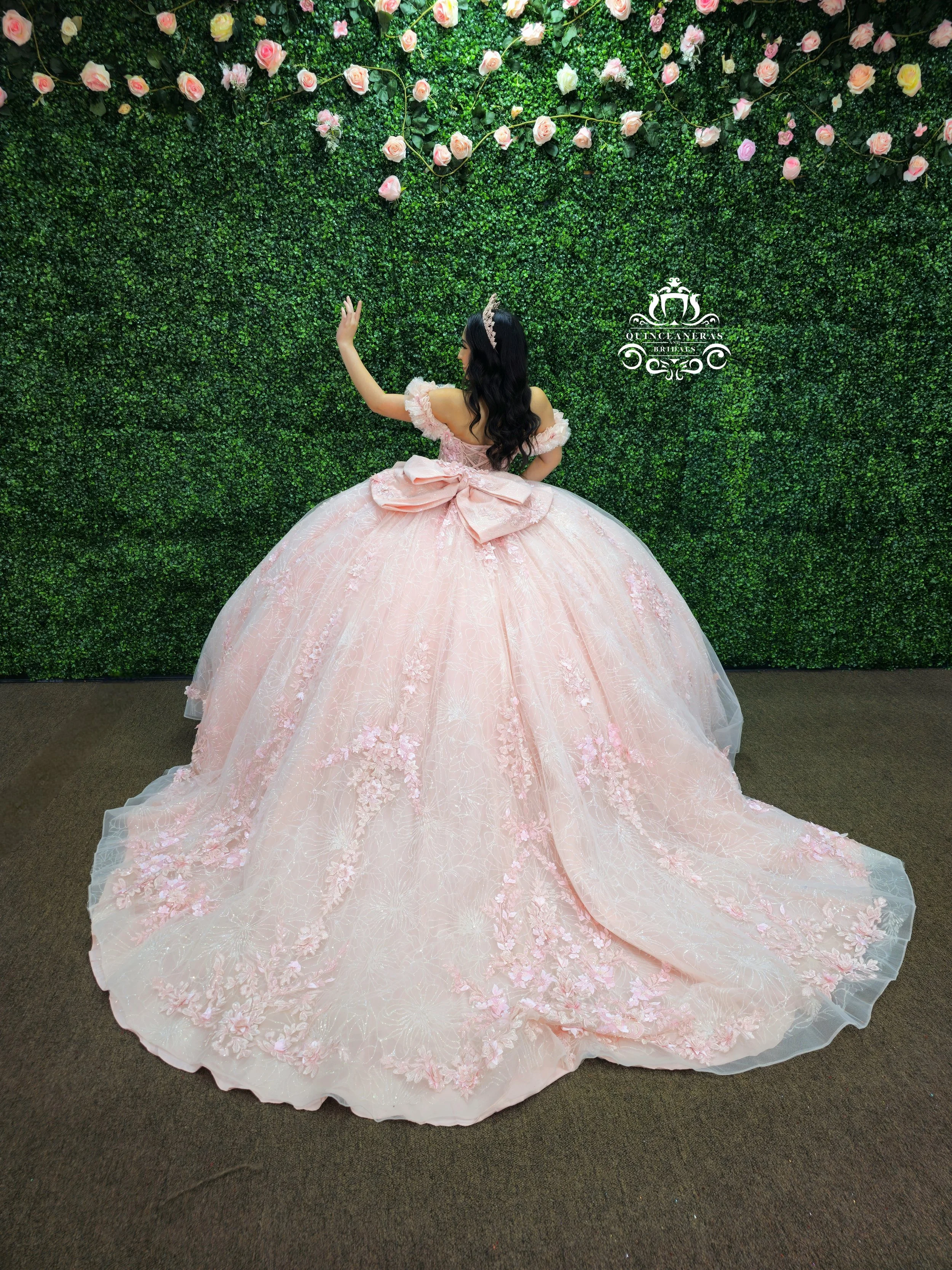 Girl wearing a pink quinceanera dress with lace and floral embroidery, posing against a green floral wall, with her back to the camera and arm raised.