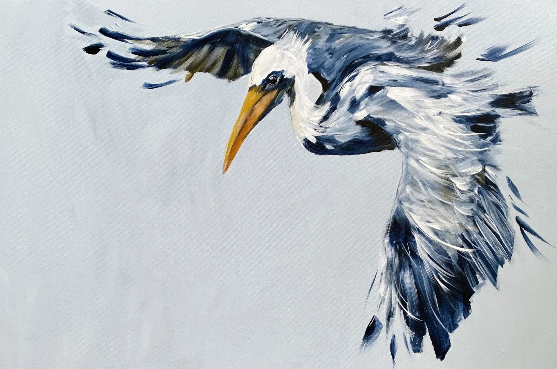 Painting of a heron with outstretched wings and a yellow beak on a light background.