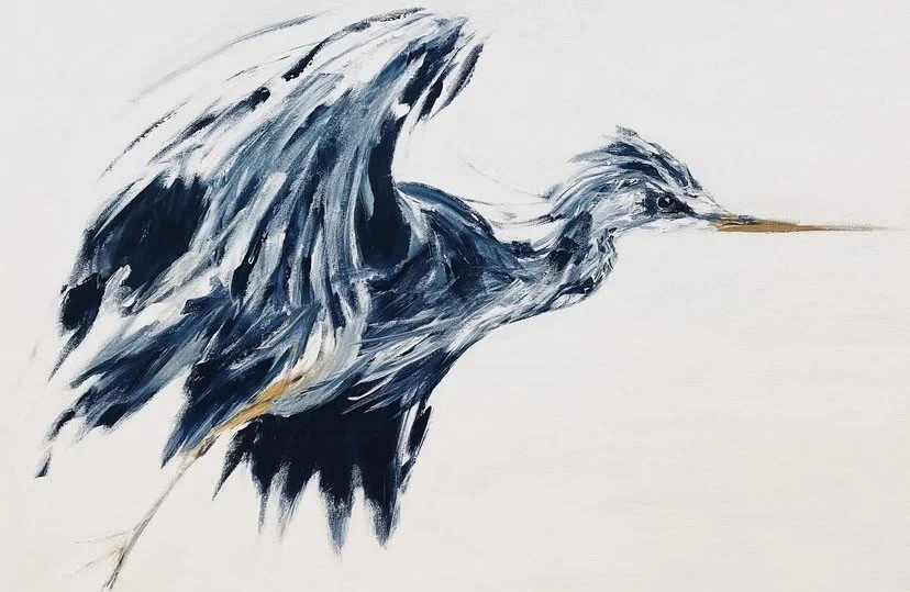 Abstract painting of a heron with wings spread wide, painted in shades of blue, black, and white on a white background.