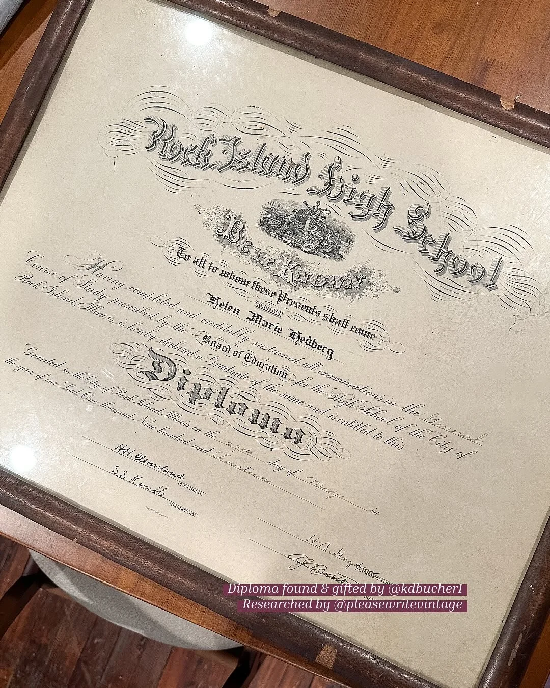 Thanks to @kdbucher1 for finding and gifting this century-old diploma to me! It was fun to learn a little about Helen’s life and @rockislandhigh’s history. ➡️
I’ve reached out to Helen’s grandchildren on Facebook to hopefully