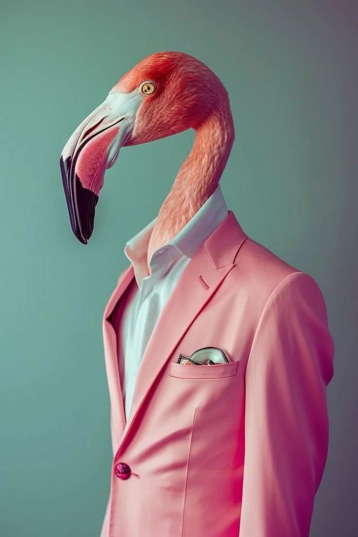A person with a flamingo head wearing a pink suit and white shirt, with a pocket watch visible in the chest pocket.