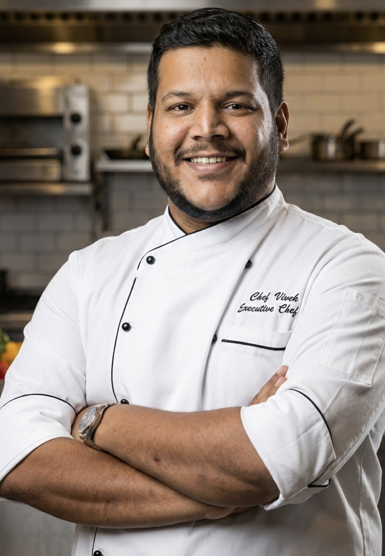 A smiling male chef in a white chef's coat with his arms crossed, standing in a professional kitchen.