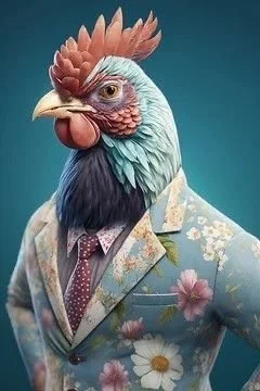 A humanoid illustration with the head of a rooster wearing a floral suit, tie, and glasses against a blue background.