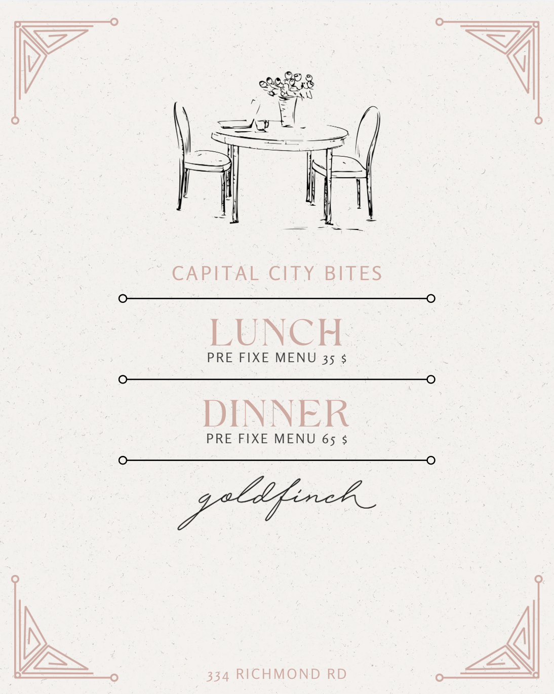 A restaurant menu featuring lunch and dinner options with prices, decorated with minimalistic design elements and a sketch of a table with two chairs and a flowers vase.