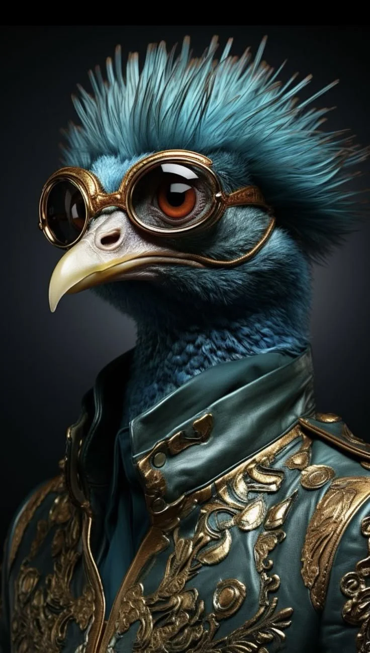 A highly stylized anthropomorphic bird with blue feathers, wearing vintage aviator goggles and an ornate, embroidered jacket.