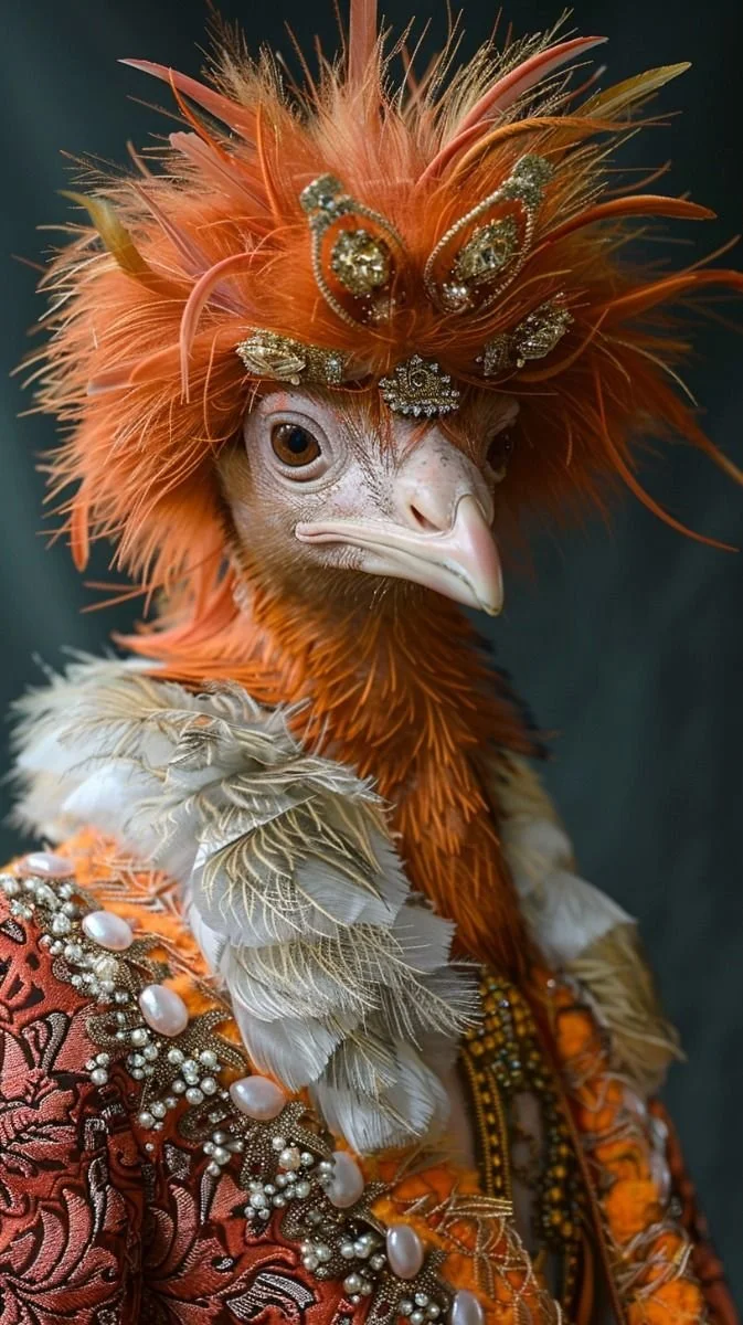 A bird with human-like eyes and a beak, dressed in ornate, vintage-style clothing with intricate embroidery, pearls, feathers, and a feathered headpiece, styled in a regal and glamorous fashion.