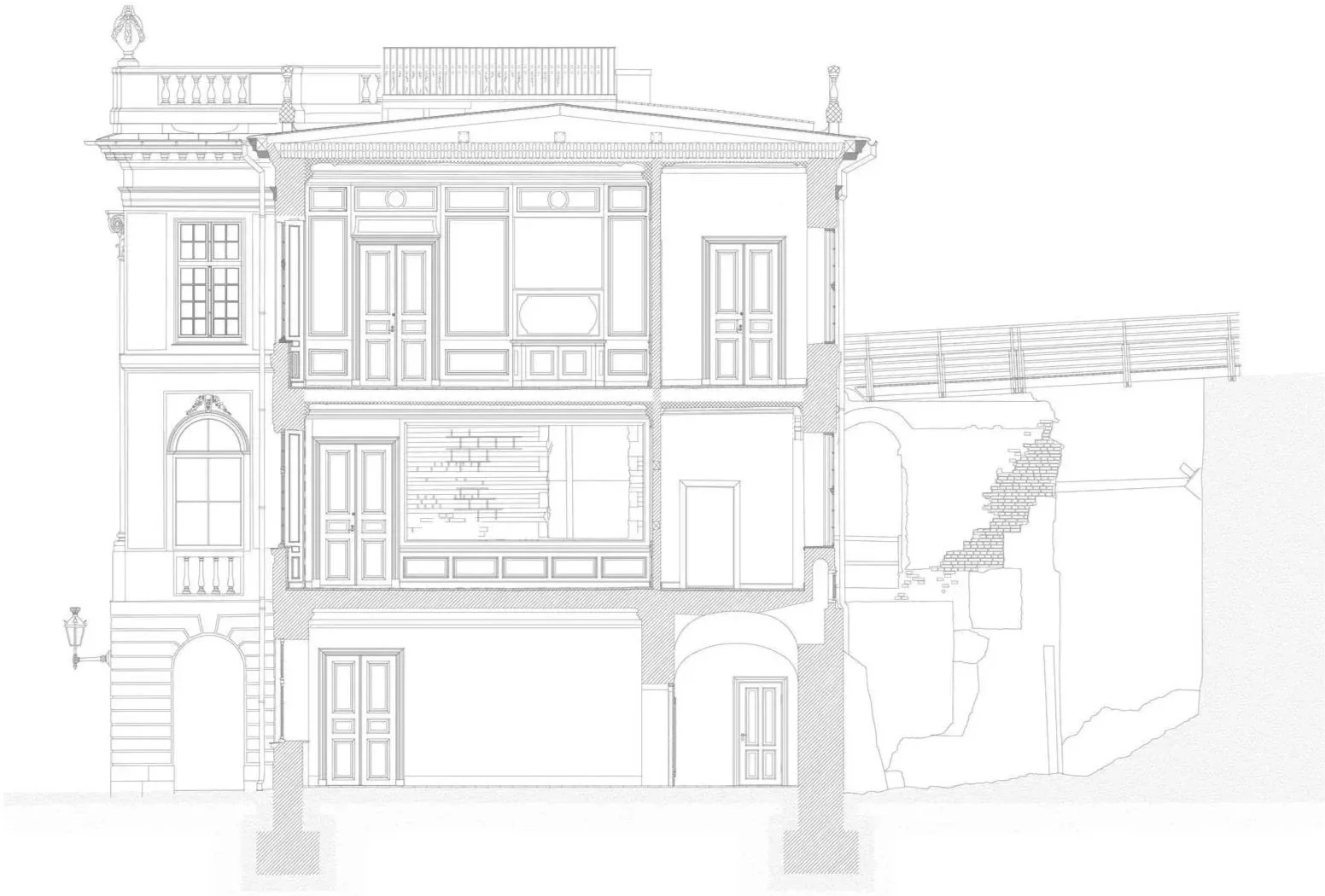 Architectural line drawing of a multi-story building with detailed facade, windows, doors, and external staircase, showing cross-section of structure.