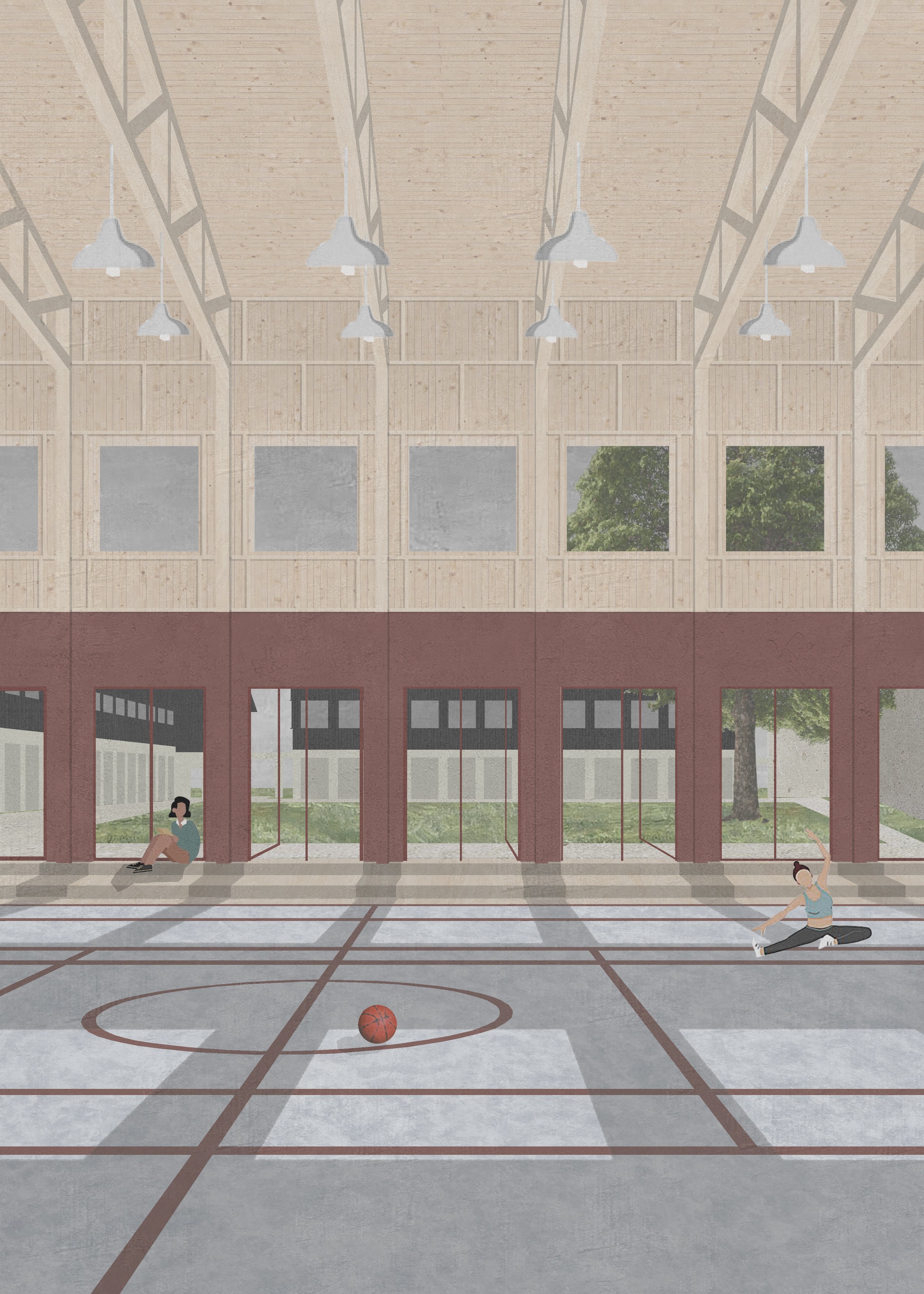 Indoor basketball court with two women stretching, one sitting against the wall and the other sitting on the court, with a basketball at the center.