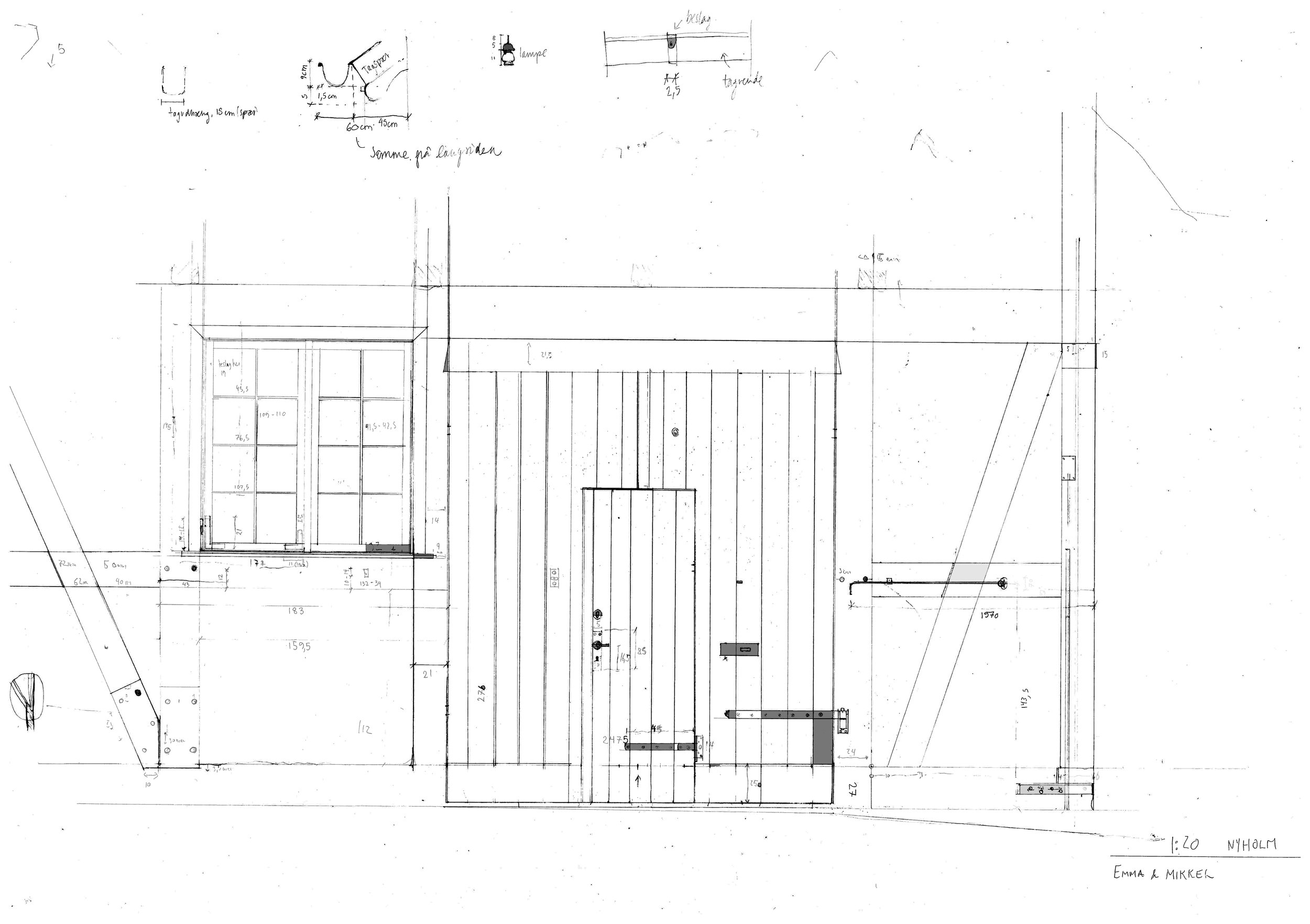 Architectural blueprint of a building with detailed measurements and sketches, including a window, garage door, and structural notes.