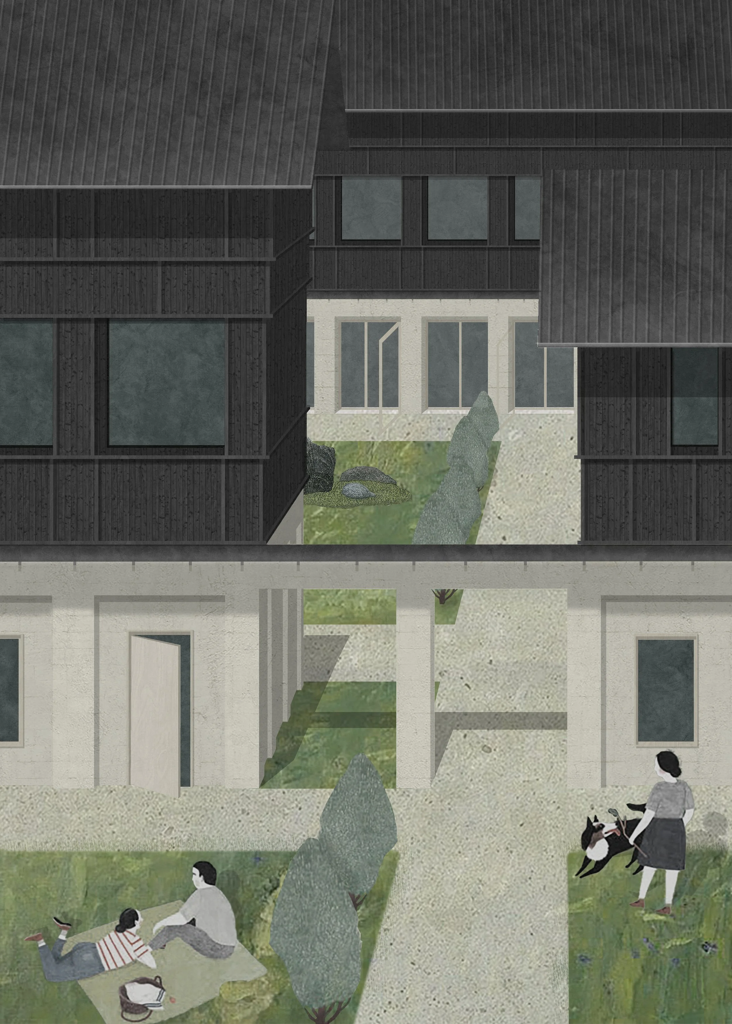 Illustration of a courtyard surrounded by modern, dark and light-colored buildings with large windows. Two women are sitting on a blanket with a child, and another woman is standing with a dog on a leash. There are trees and bushes in the courtyard.