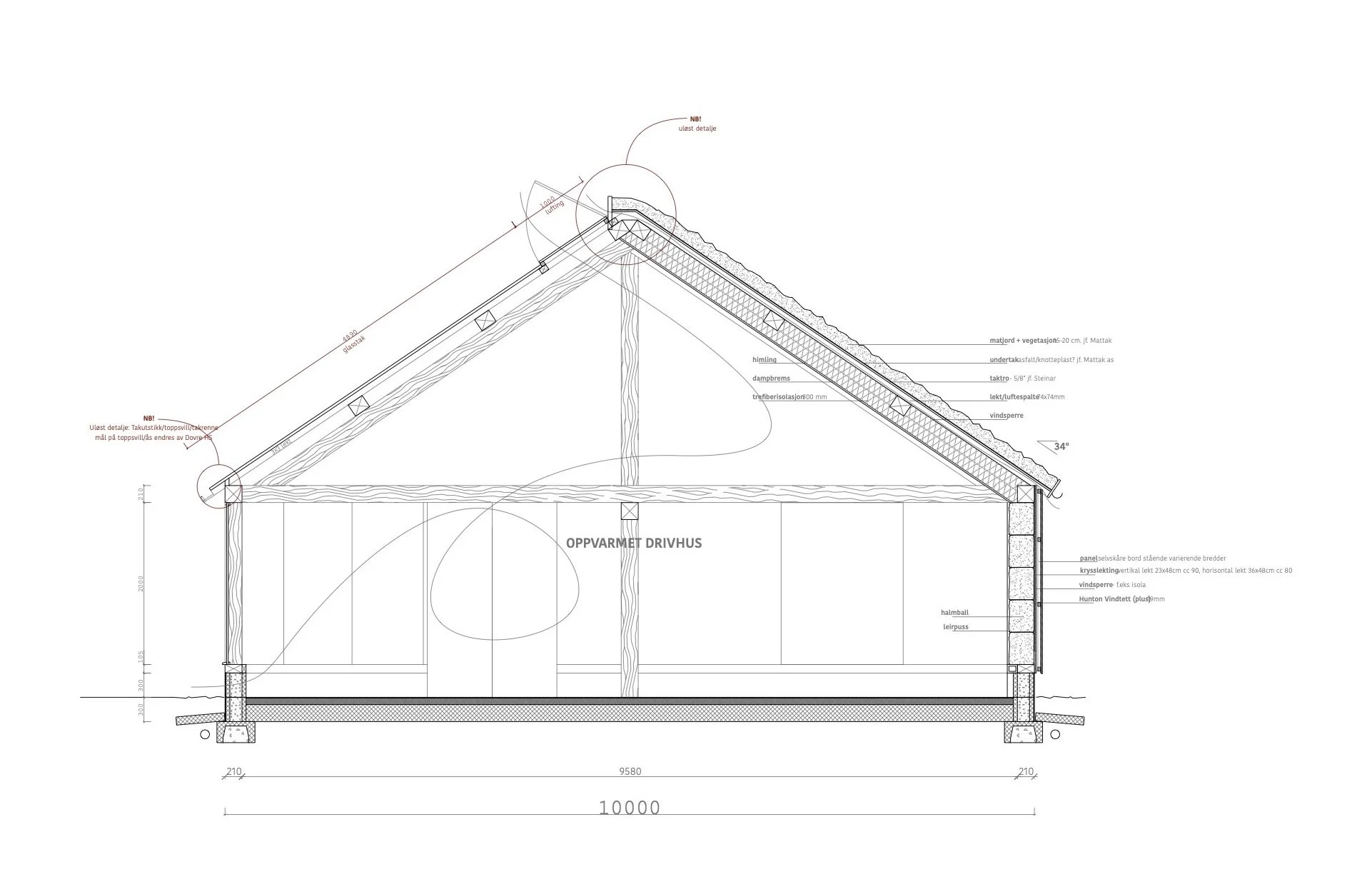 Architectural drawing of a house cross-section showing roof, walls, and foundation with measurements and construction details.
