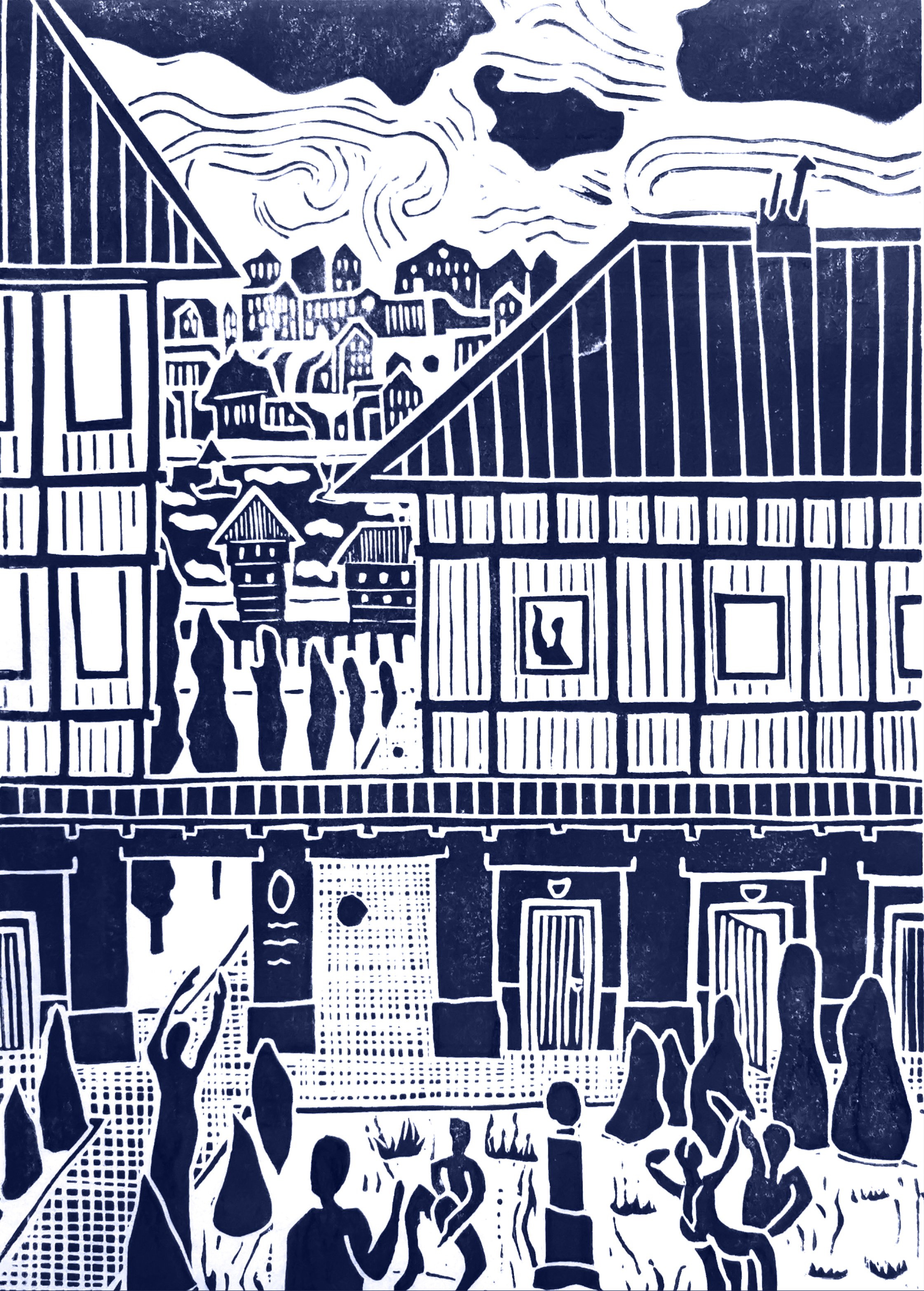 Silkscreen print of a cityscape featuring buildings, bridges, and people gathered outside.