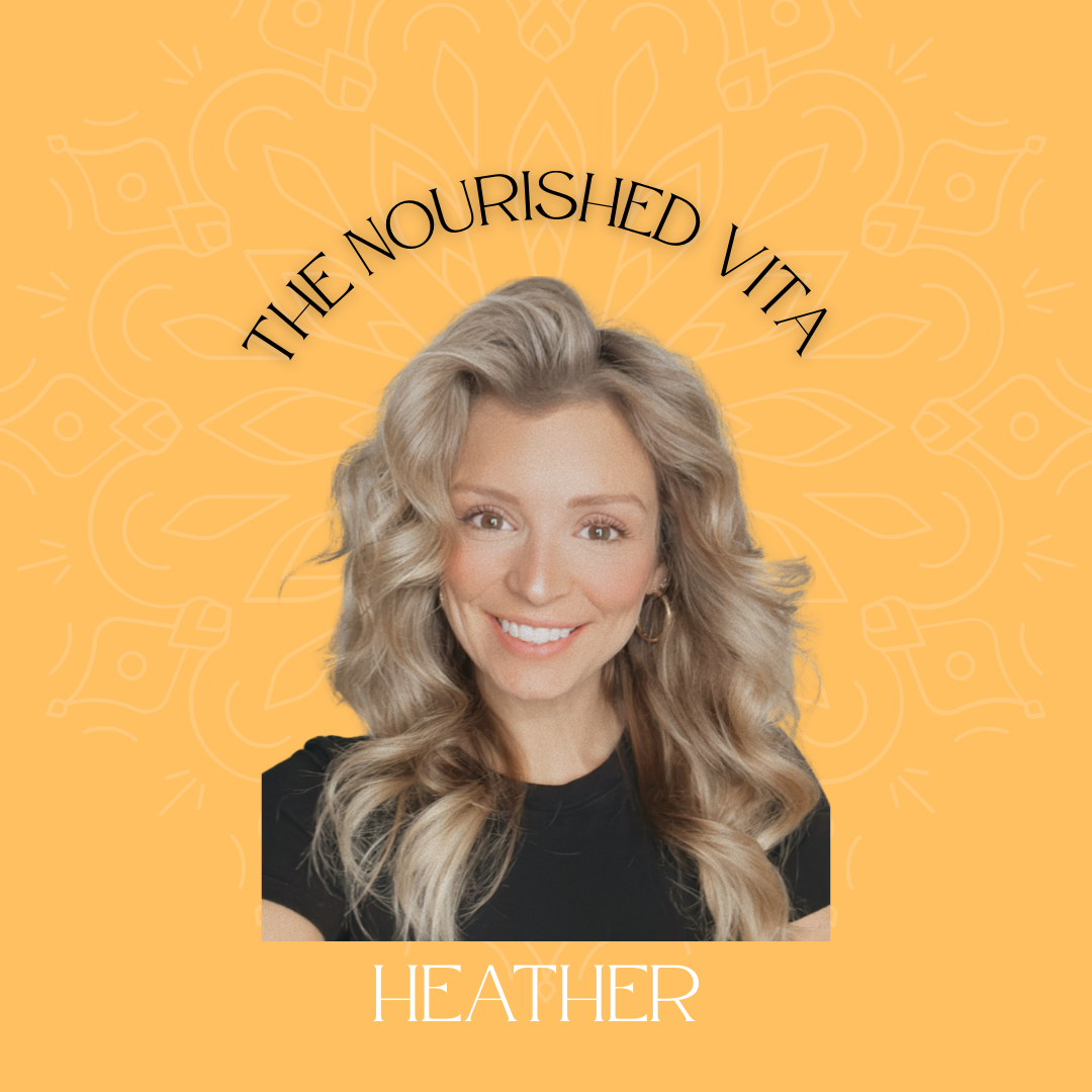 A smiling woman with blonde wavy hair, wearing a black top, on a yellow background with a floral pattern. Text above her reads 'The Nourished VITA' and below her 'Heather.'