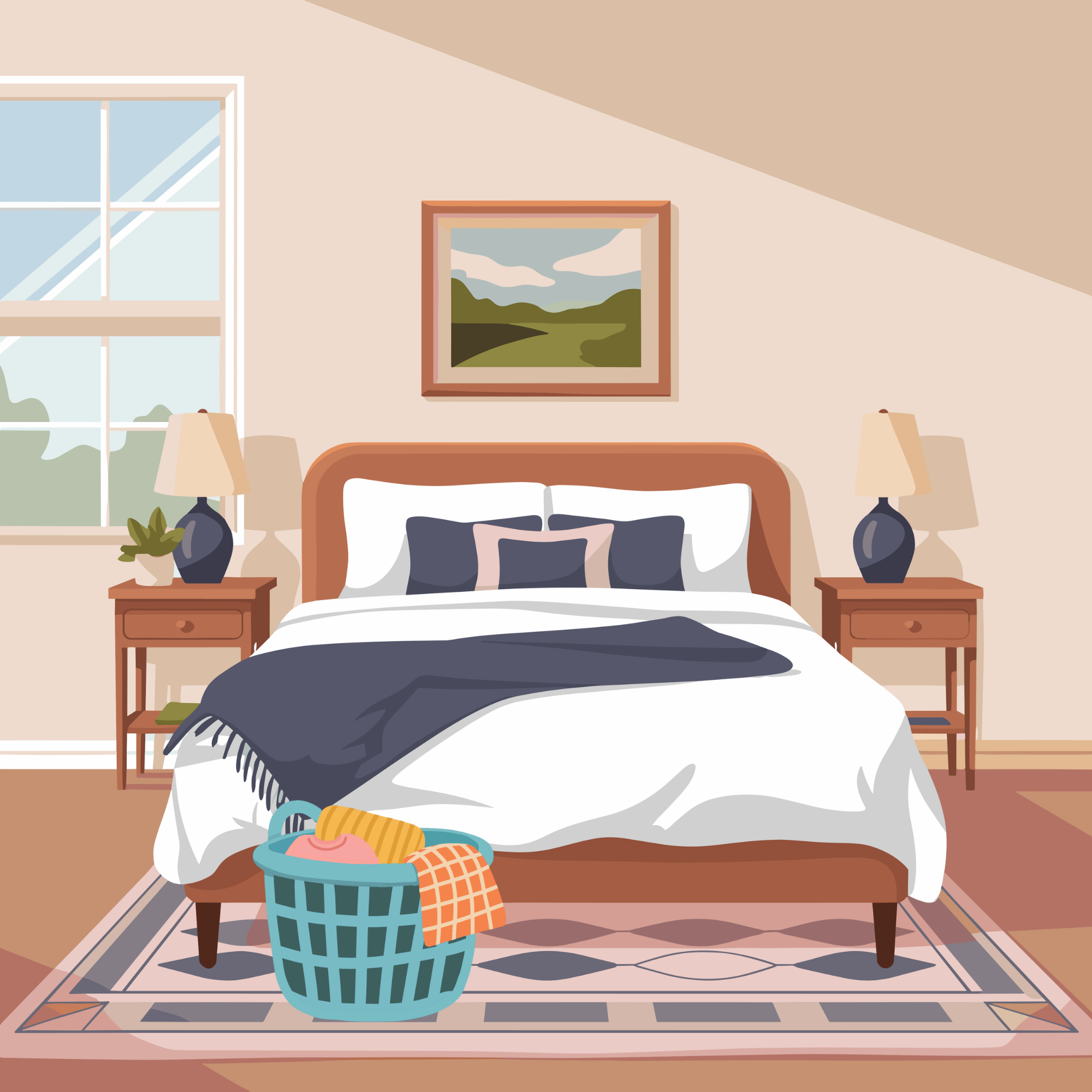 A cozy bedroom with a bed, nightstands, lamps, a large window, and a laundry basket filled with clothes at the foot of the bed.