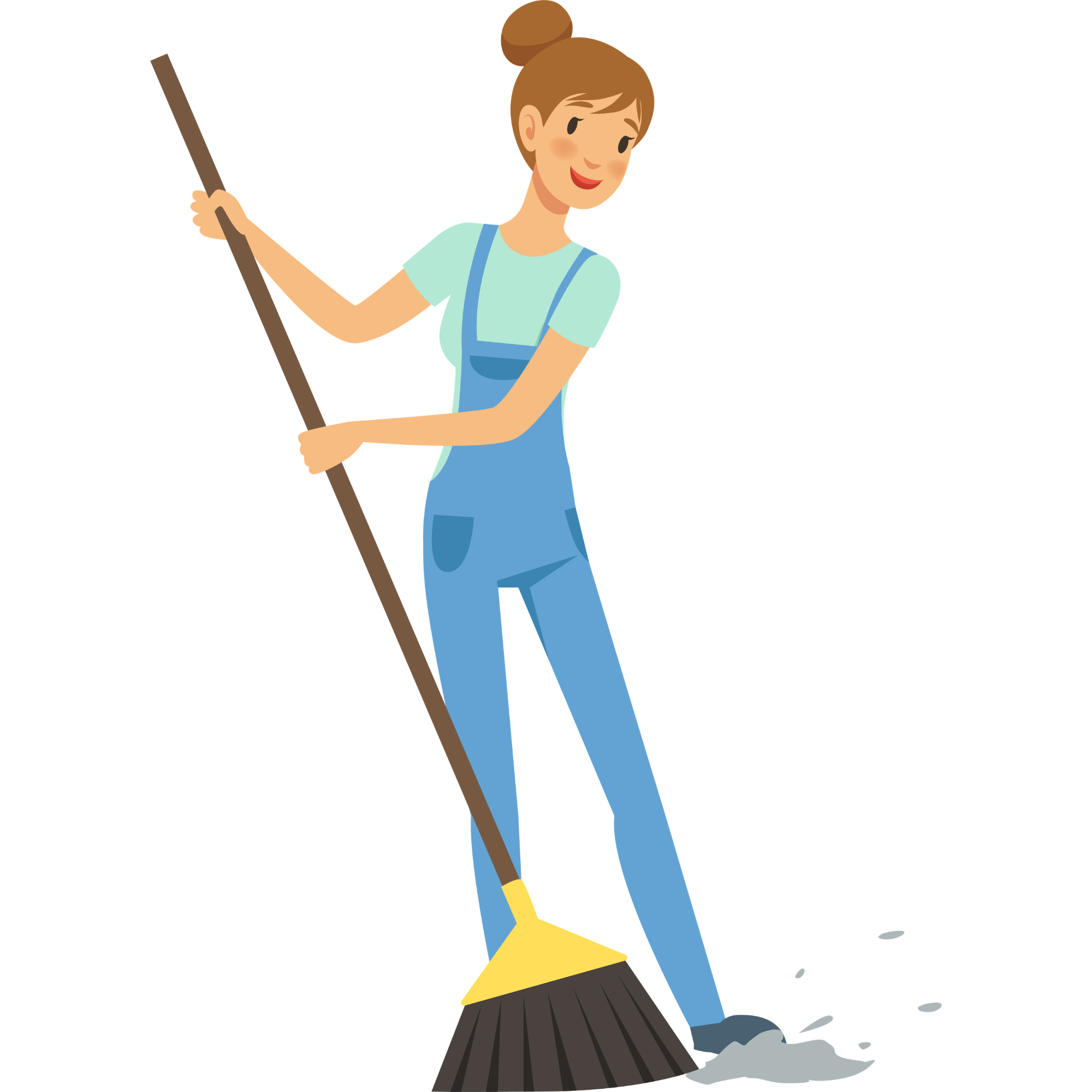A cartoon girl with brown hair in a bun, wearing a light blue shirt and overalls, sweeping the floor with a broom.
