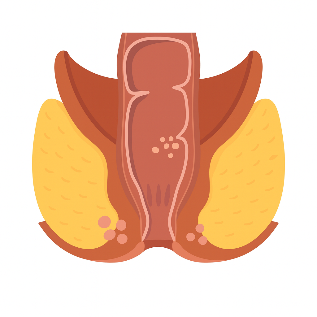 Immagine illustrativa di una prostata, con due ghiandole intorno, rappresentata in modo schematico.