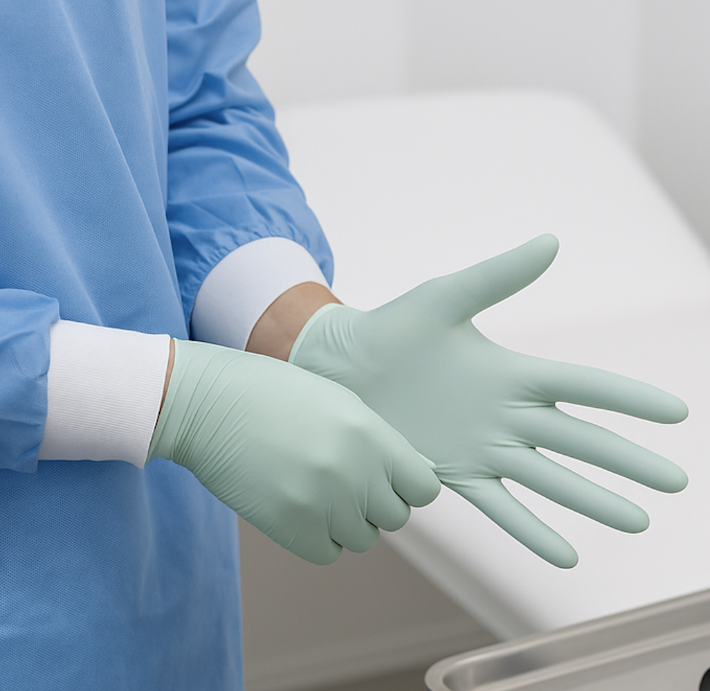 Persona in camice e guanti medicali che si sta preparando per un intervento medico.