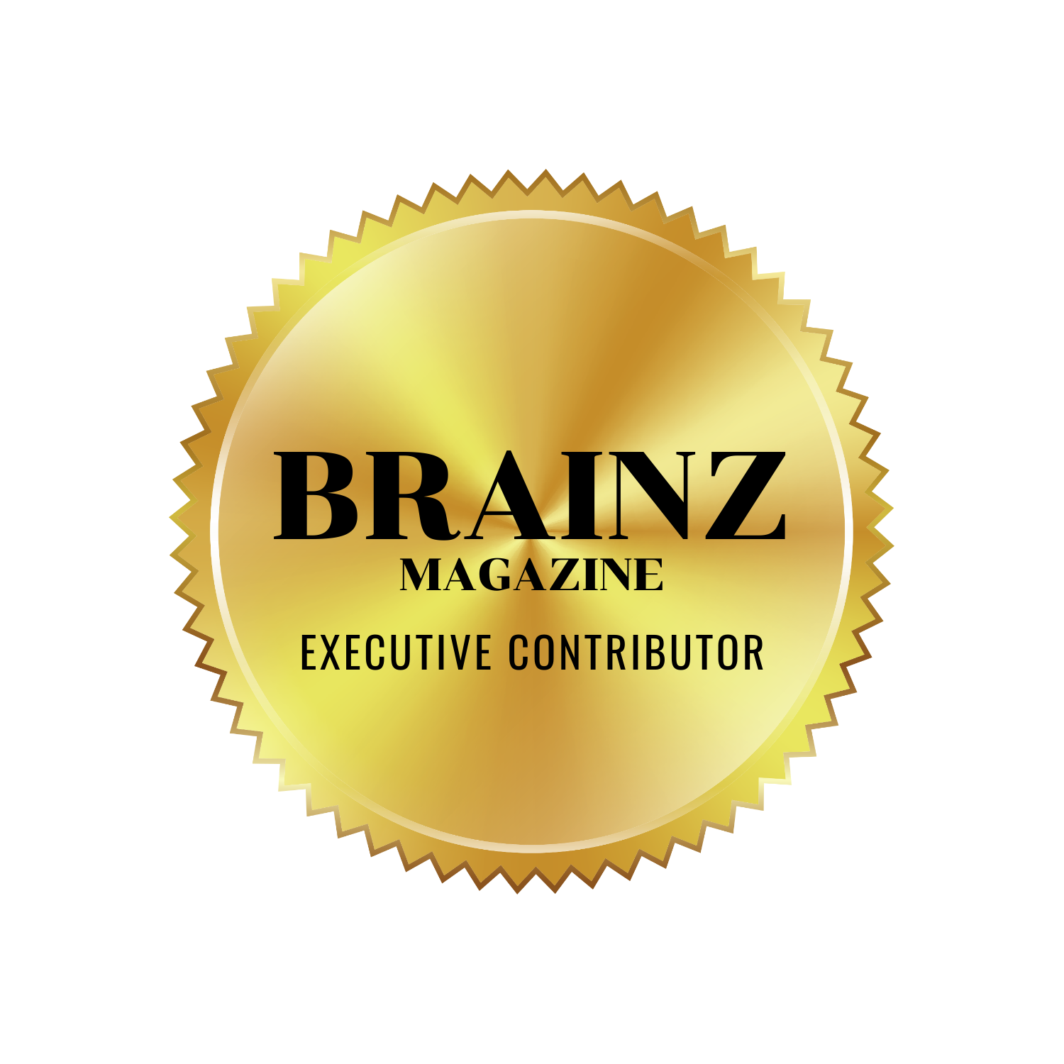 Gold award badge with black text that reads 'Brainz Magazine Executive Contributor'.