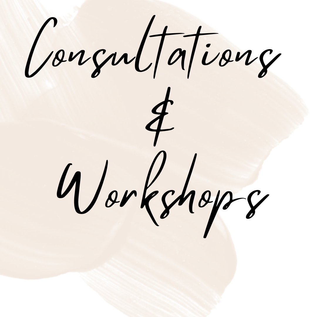 Text on an abstract background reads 'Consultations & Workshops' in black cursive font.