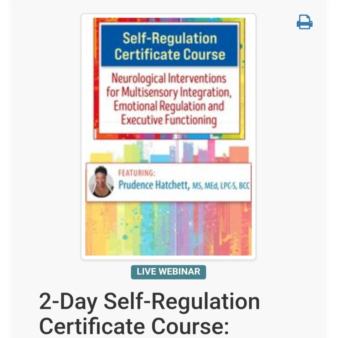 Cover of a course advertisement for a two-day self-regulation certificate course, featuring a rainbow-colored background, a photo of instructor Prudence Hatchett, and details about neurological interventions for multisensory integration, emotional regulation, and executive functioning, with a label indicating a live webinar.