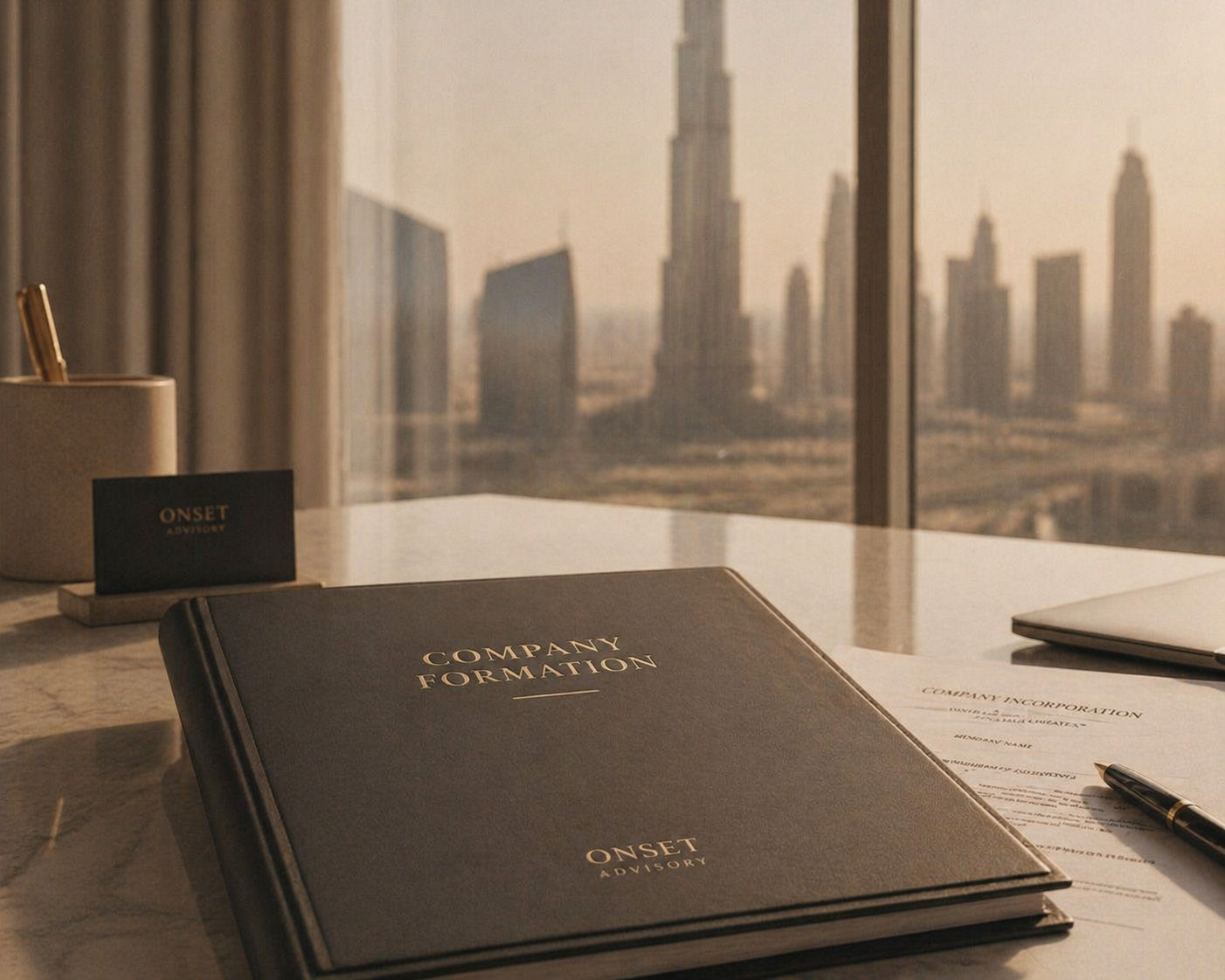 Business office desk with company documents, a pen, a small desk nameplate, and a laptop, with a view of a city skyline through large windows.