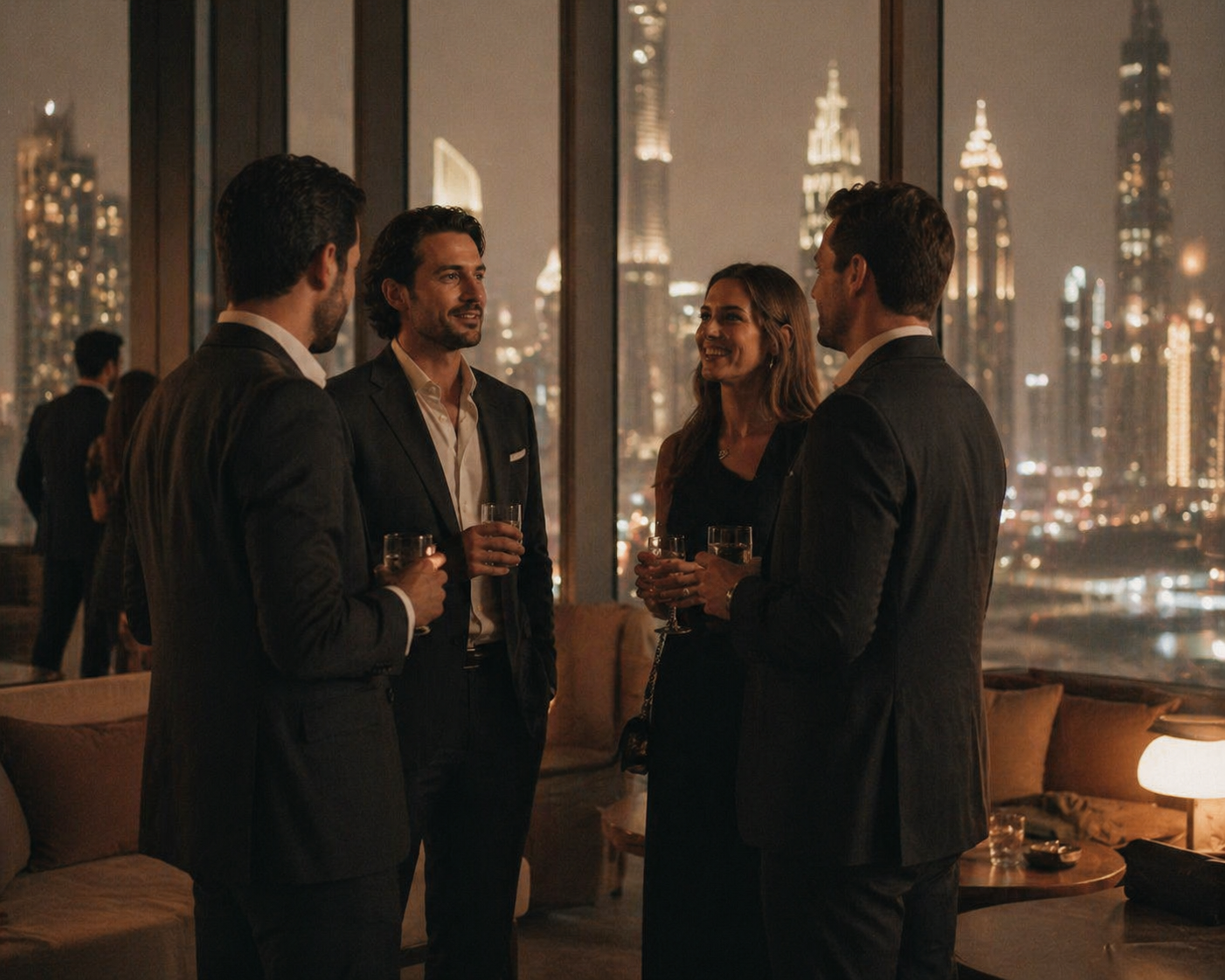 Four people, two men and two women, dressed in formal attire, holding glasses of drinks, and engaged in a conversation inside a high-rise building at night with a city skyline in the background.