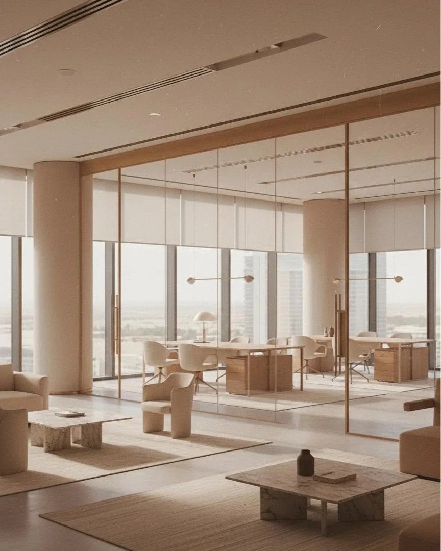 Modern office space with large windows, white chairs, desks, and soft lighting, decorated in neutral tones.