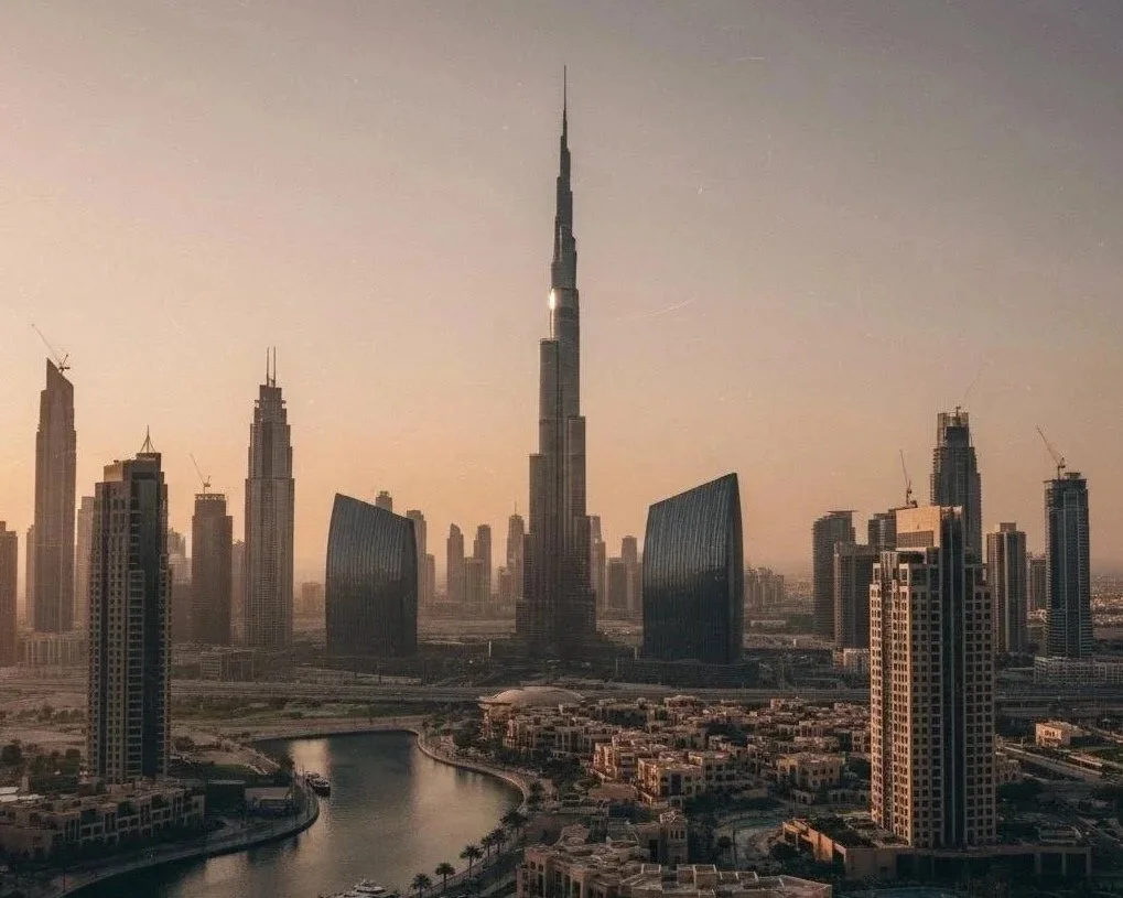 Dubai skyline at sunset featuring the Burj Khalifa, tall skyscrapers, and a river in the foreground.