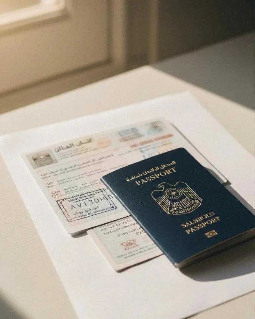 A passport and an airline ticket placed on a white surface.