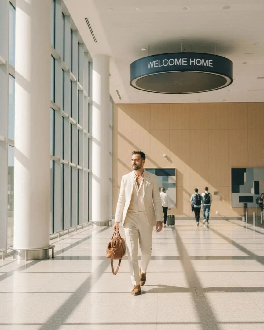 A man in a beige suit walking through an airport terminal with large windows, carrying a brown bag. There is a sign hanging from the ceiling that says 'Welcome Home.'