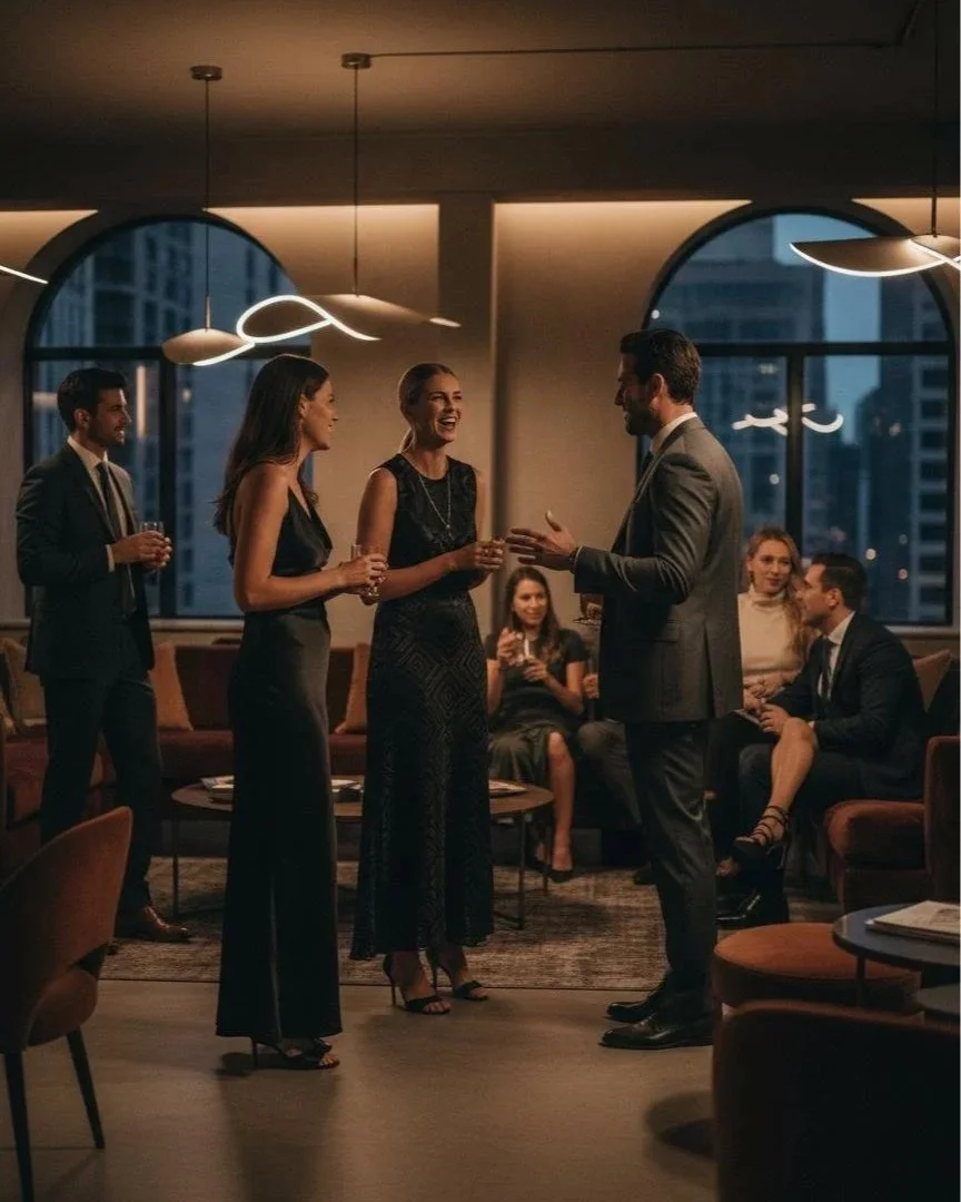 Group of six people dressed in formal attire at a social gathering in a modern, dimly lit lounge or bar with large windows and cityscape view, engaging in conversation and holding drinks.