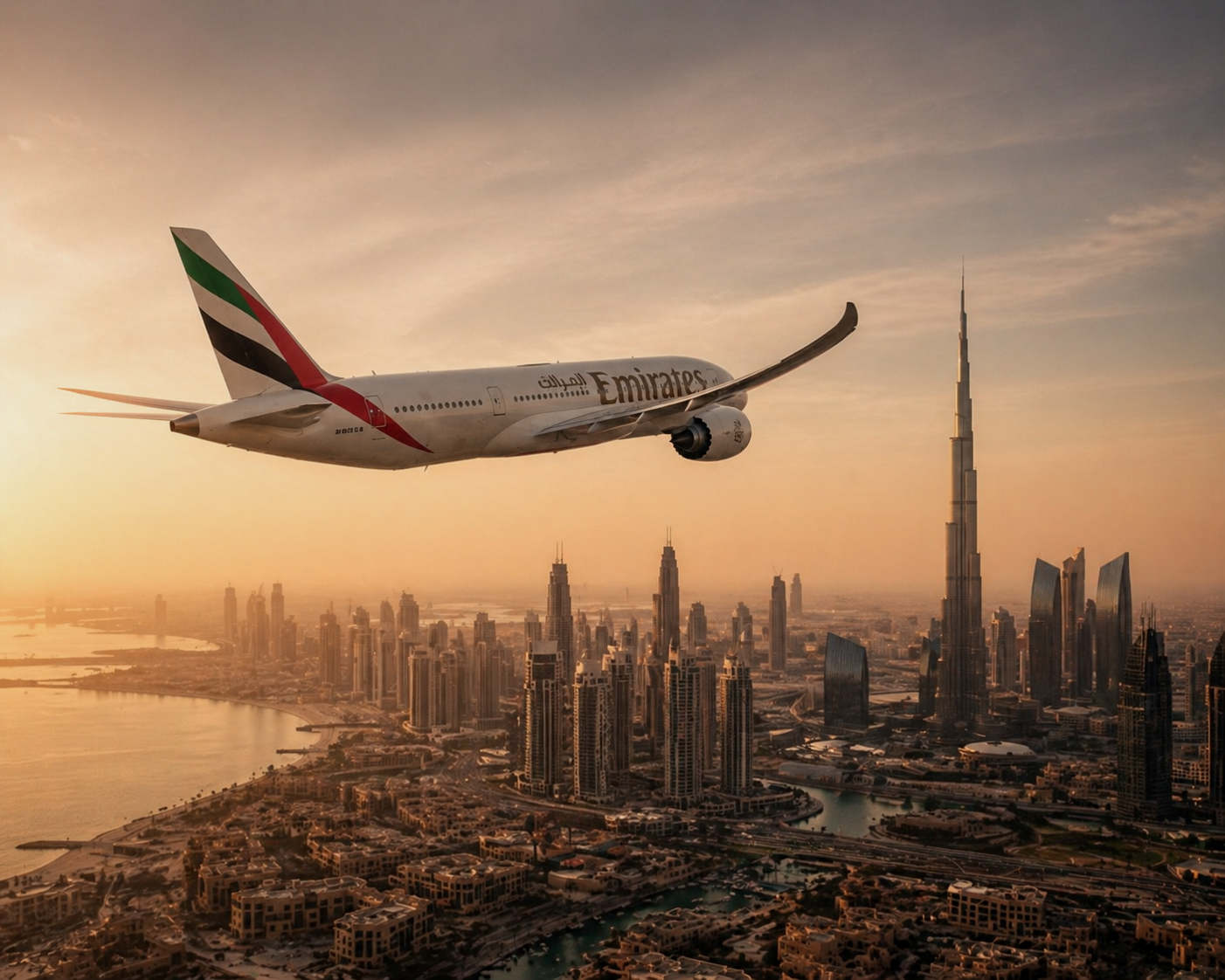 An Emirates airplane flying over Dubai skyscrapers at sunset with the Burj Khalifa in the background.