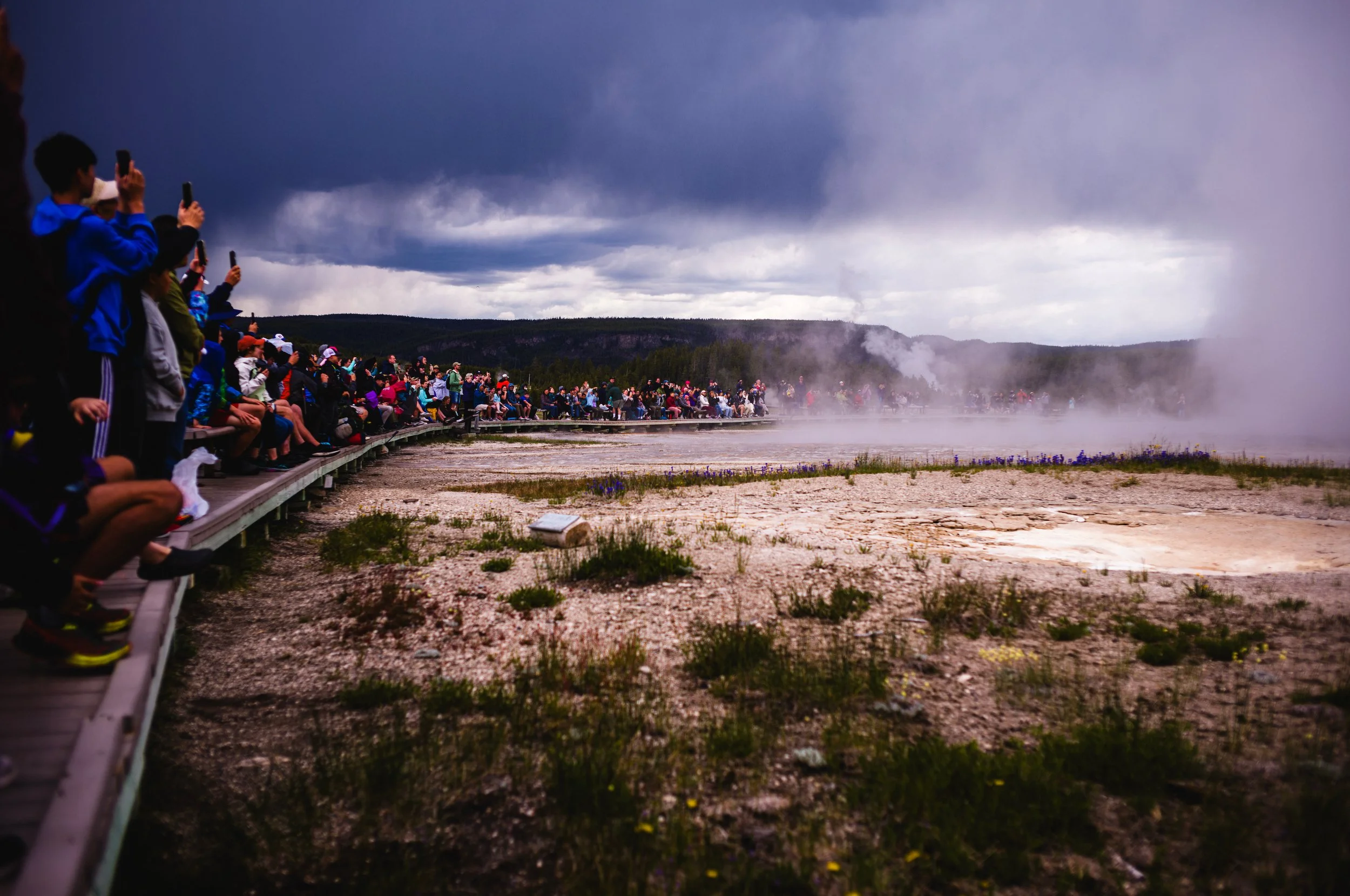 A crowd gathering to watch the grand geiser in Yellowstone National Park in June.