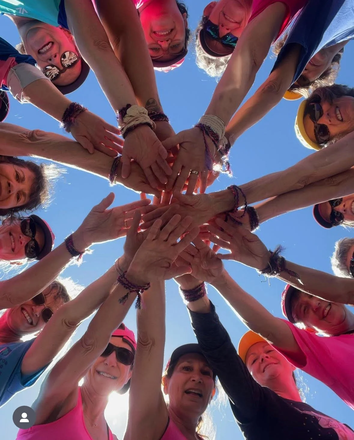 Group of women and men forming a circle with their hands reaching towards the center, taken from below with a blue sky background.