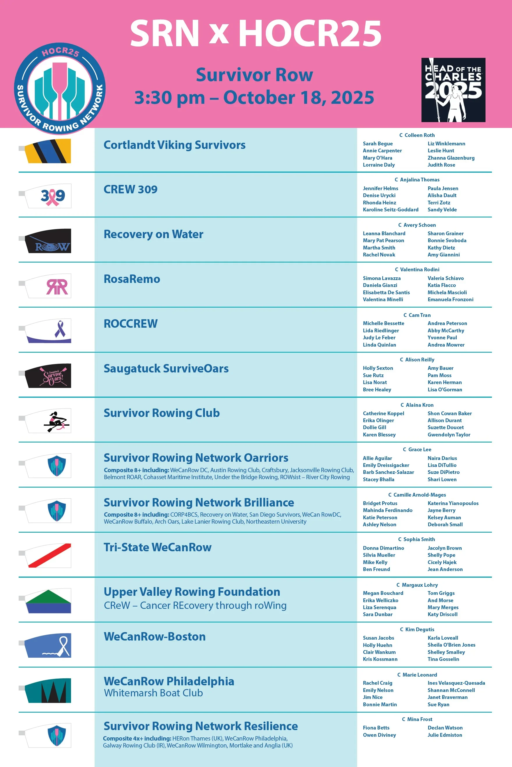 Schedule for the Survivor Row at HOCR 2025, October 18, 2025, 3:30 pm, listing participating teams and their members.