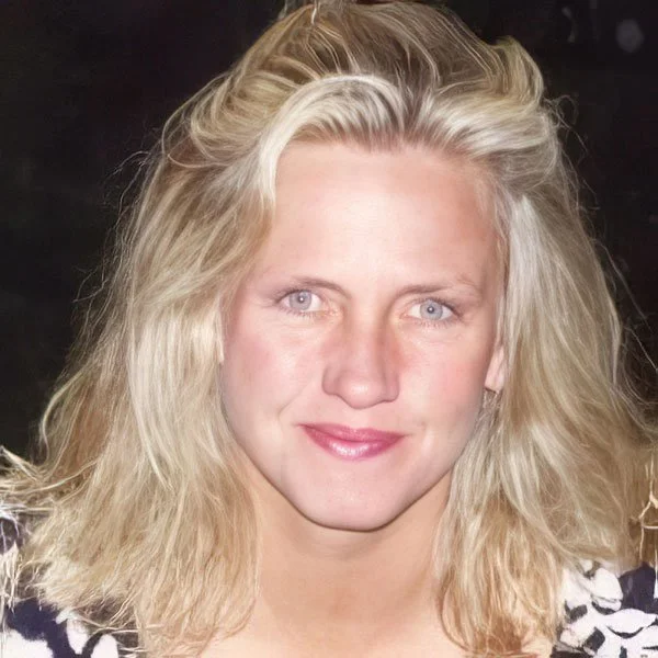 A woman with blonde, wavy hair smiling at the camera.
