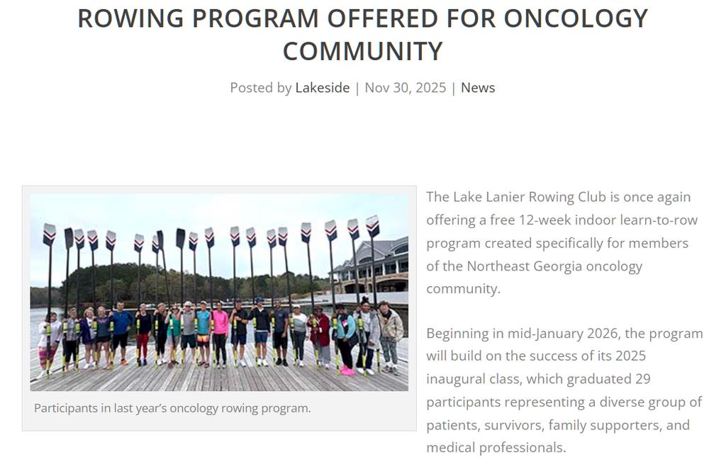 Lake Lanier Rowing Club - Rowing Program for Oncology Community - Lakeside News/Lake Lanier, 11/2025 - Article