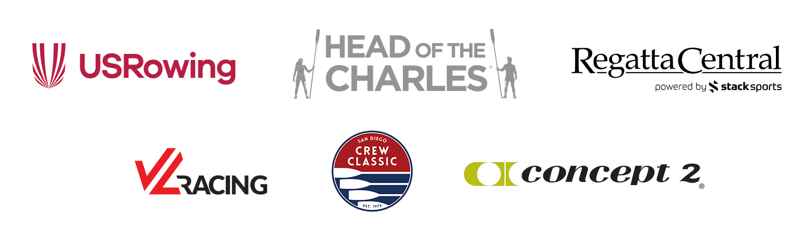 Logos of USRowing, Head of the Charles, Regatta Central, V2 Racing, Crew Classic, and Concept 2.