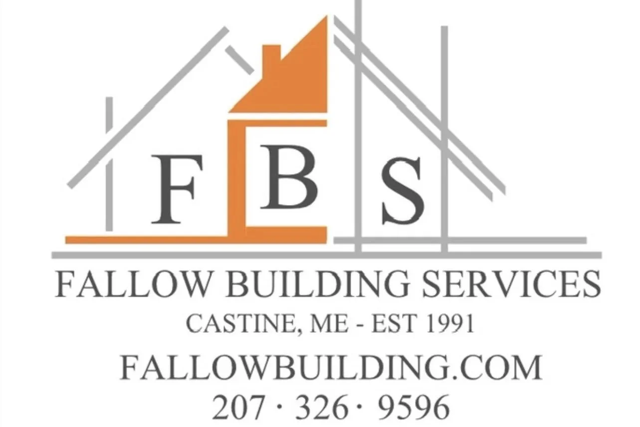 Logo for Fallow Building Services featuring a stylized house outline with the initials F B S, company name, location Castine, Maine, established 1991, website fallowbuilding.com, and contact number 207-326-9596.